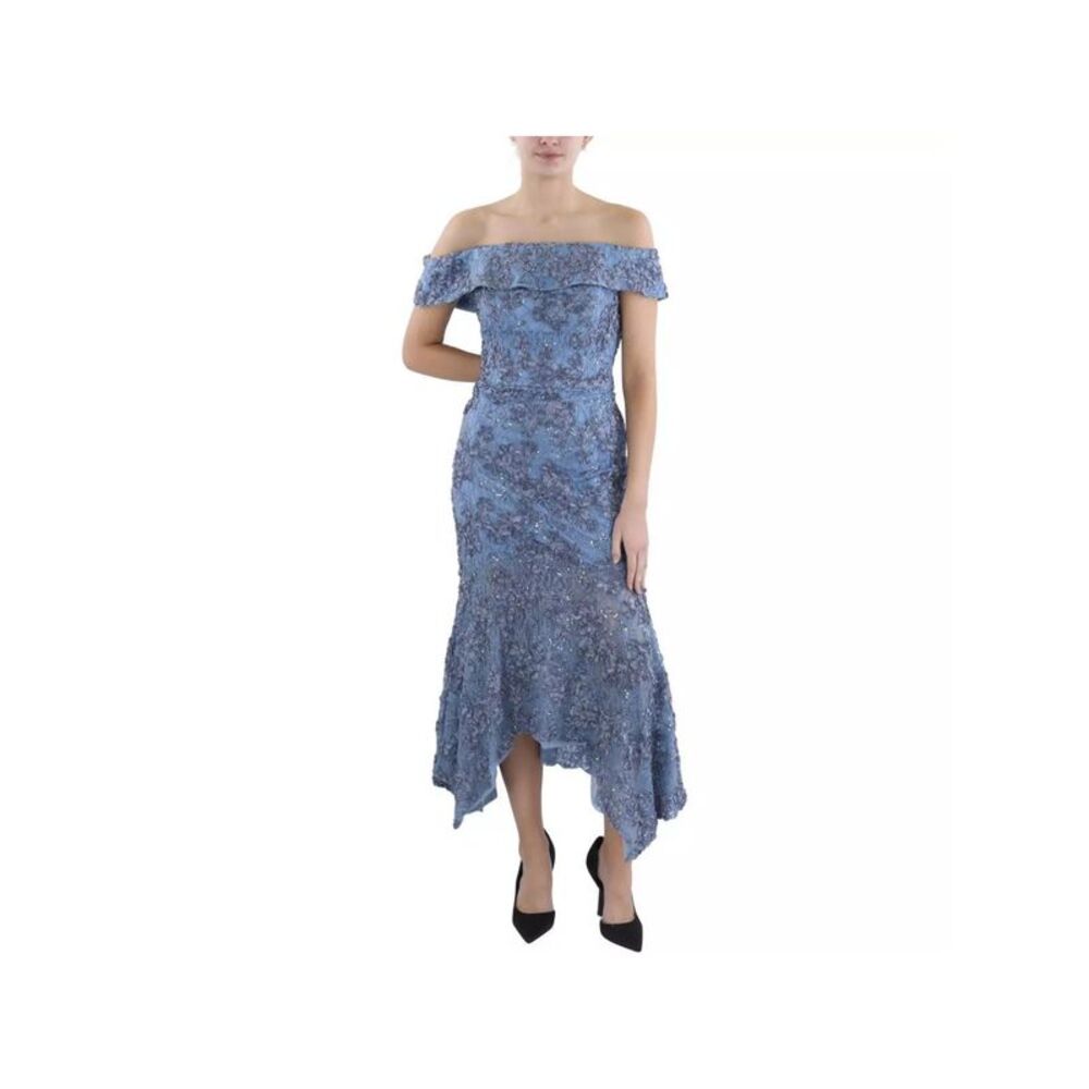 XSCAPE Womens Blue Lined Handkerchief Hem Short Sleeve Mermaid Dress 4